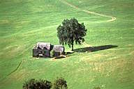 France: Aveyron, Roquelaure, aerial view of stone farmhouse.